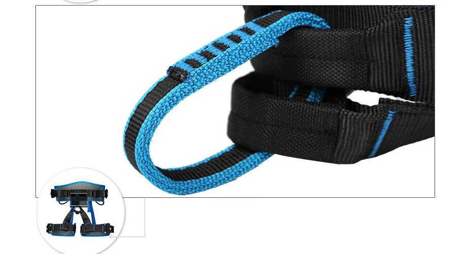 Outdoor climbing belt in orange with adjustable waist and leg rings made from polyester reinforced yarn