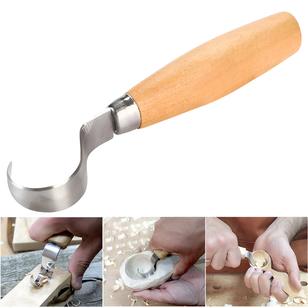 FastCraft spoon carving tool with stainless steel blade and wood handle for curve carving