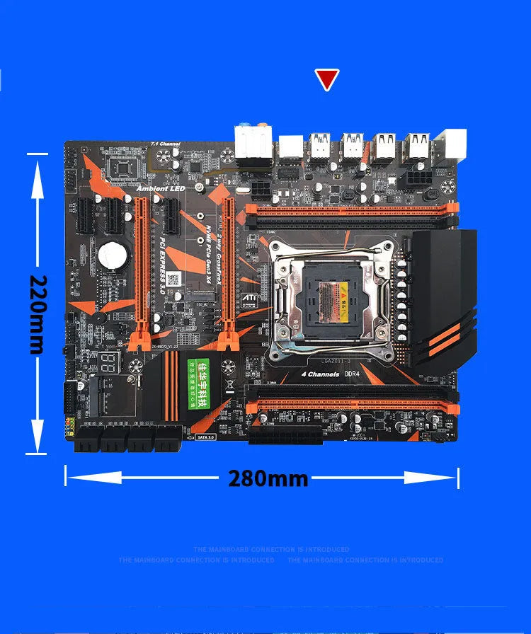 Black X99 ATX motherboard with LGA2011-3 socket, four DDR4 slots, PCI-E slots, and M.2 interface.