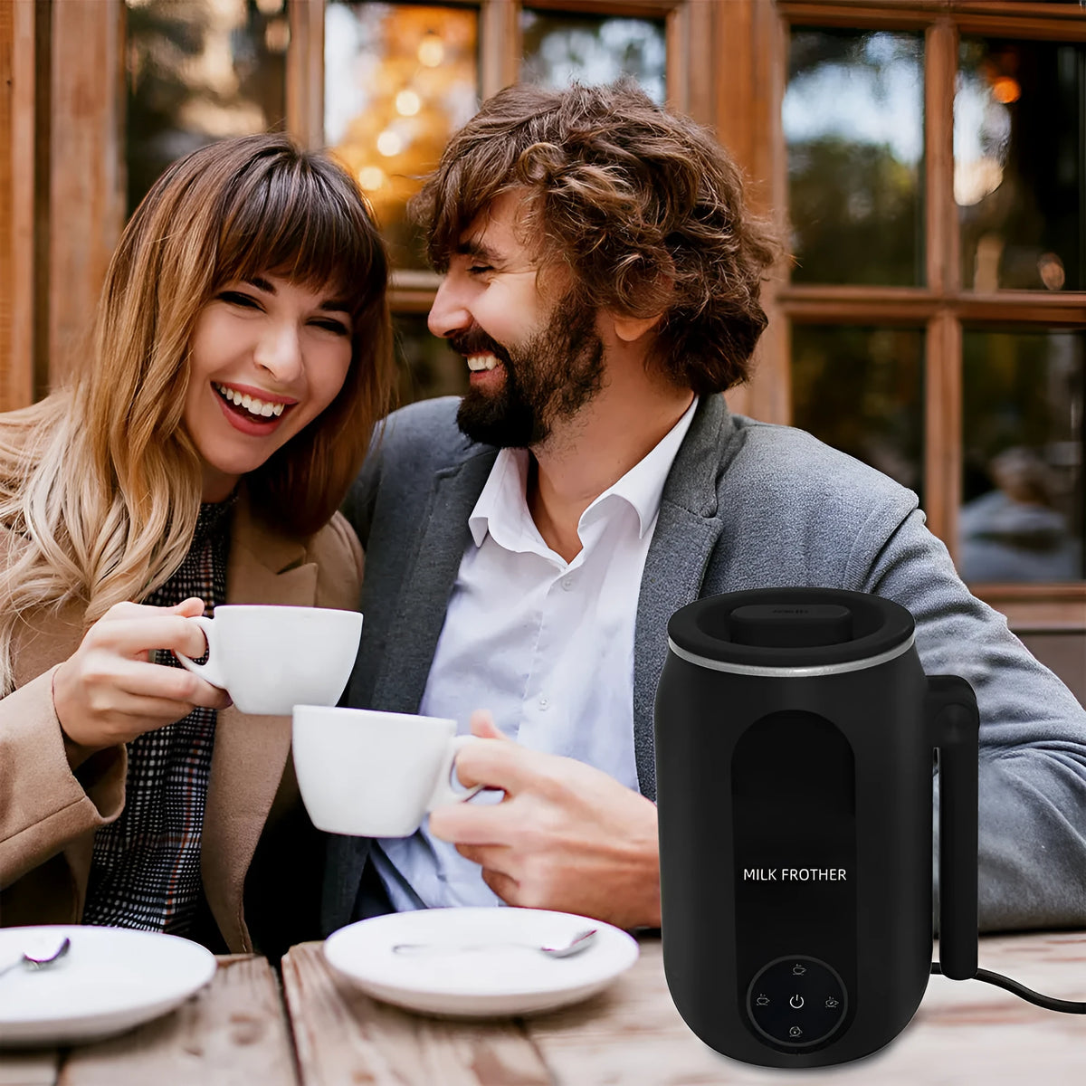 Black automatic electric milk frother with 450ml capacity, 304 steel liner, and touch control for hot and cold frothing