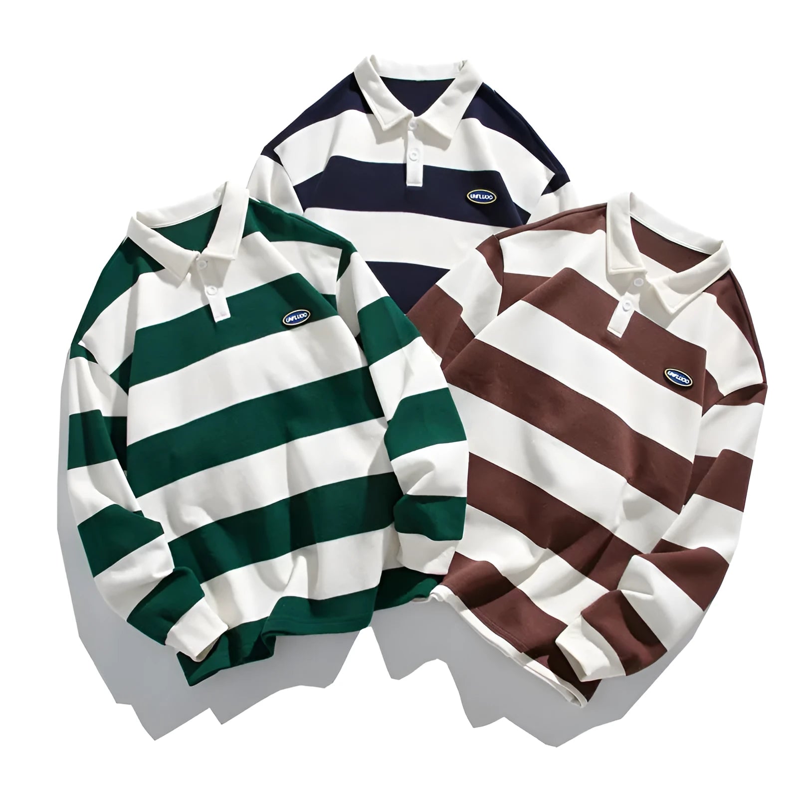 Striped pearl cotton polo shirt with sweater lapel collar in loose fit, shown in multiple colours.