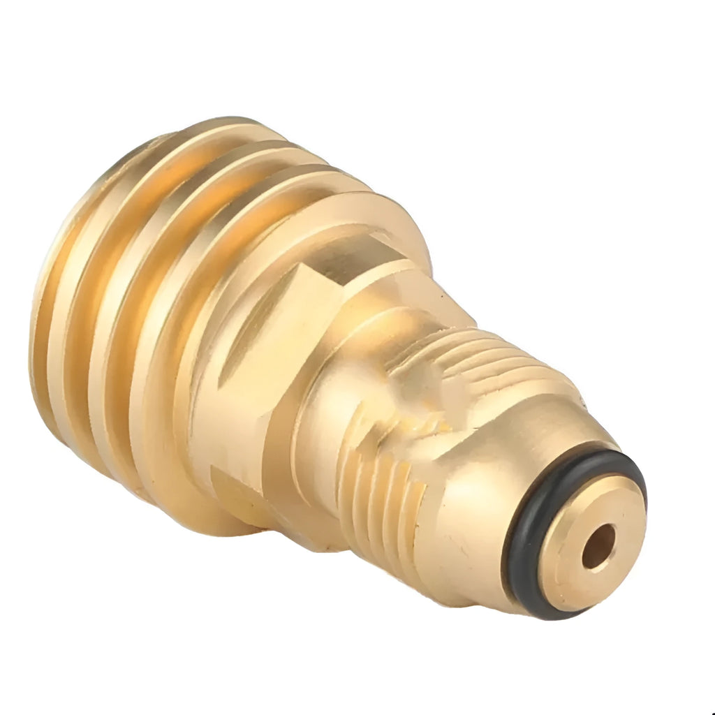 Gold-coloured brass gas adapter with external taper thread for brazier fuel lines.