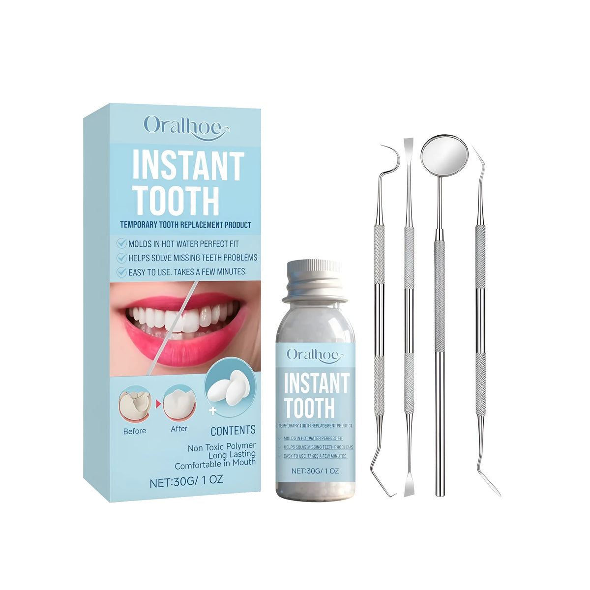 Feimuko temporary dental restoration kit with 30g paste tube, stomatoscope, dental probe, gingival cleaner, and tartar scraper