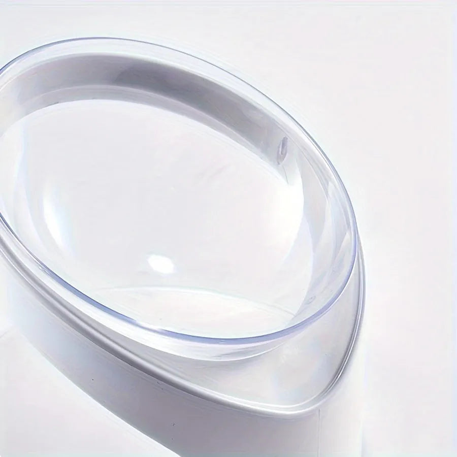 White plastic elevated cat food bowl with tilted design for neck protection