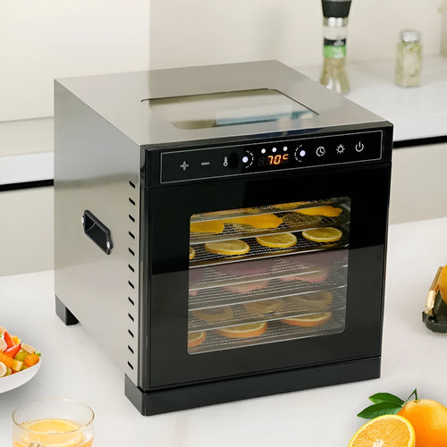 Stainless steel fruit dehydrator with multiple trays, LED control panel, and visual skylight design.
