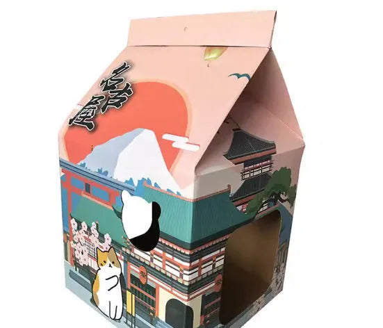 Foldable corrugated paper cat scratching board in Nagoya colour design, shown flat and folded.