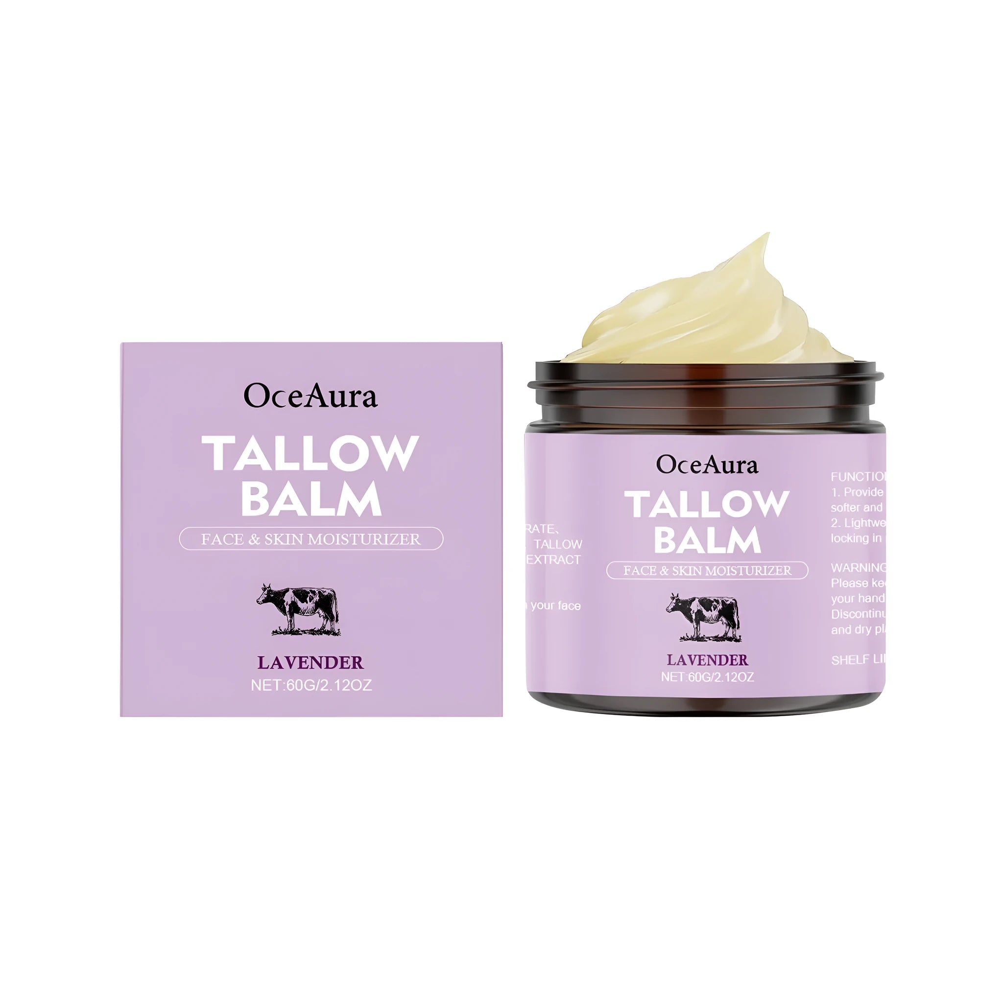 60g jar of lavender cow fat moisturising cream with label showing ingredients.