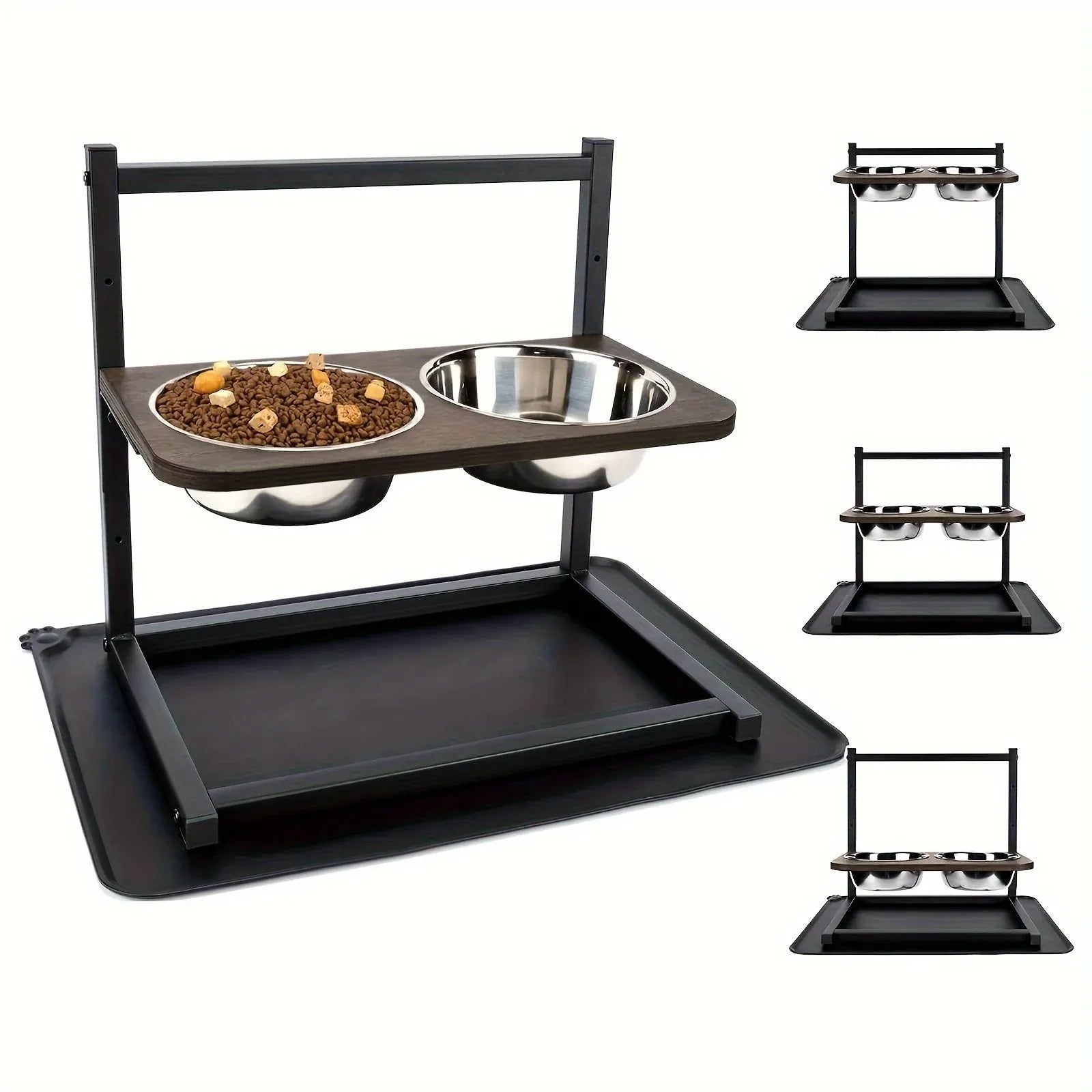 Black iron elevated dog bowl rack holding two separate pet food and water bowls