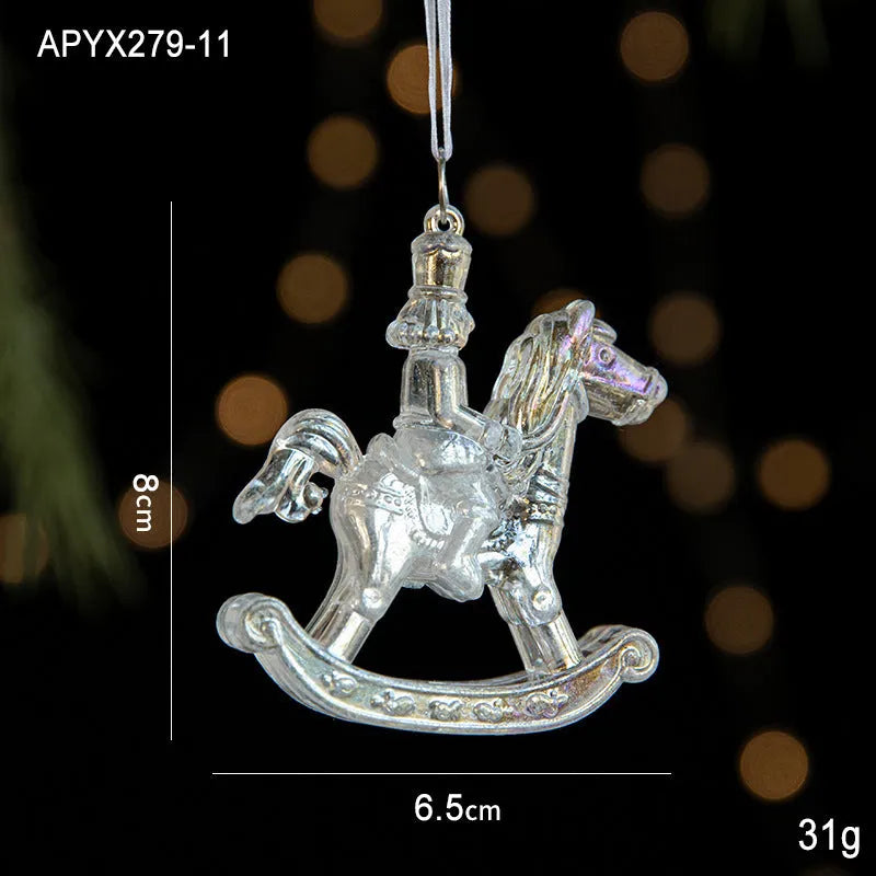 Transparent acrylic and plastic Christmas hanging decorations in snowflake, elk, icicle, and garland designs.