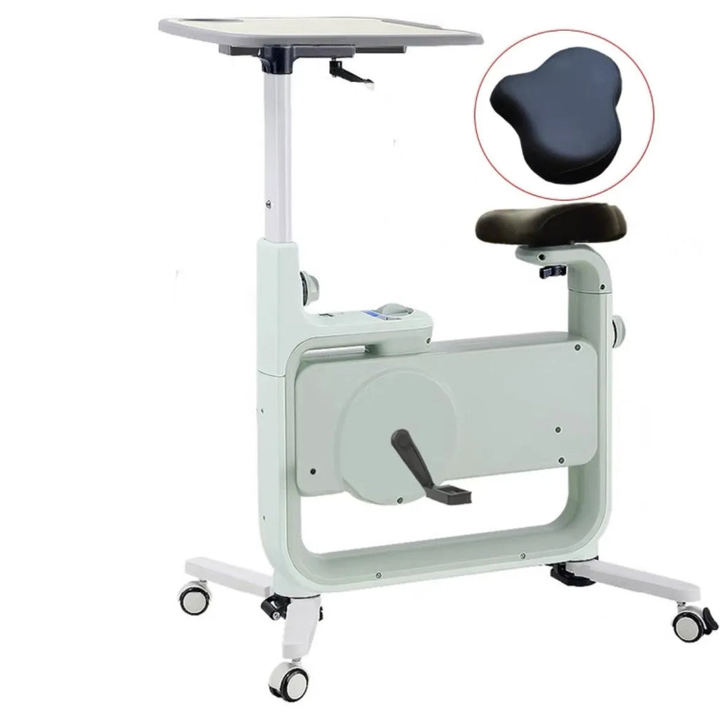 Small upright magnetic desk exercise bike with belt drive flywheel in apple green and cool black colour options