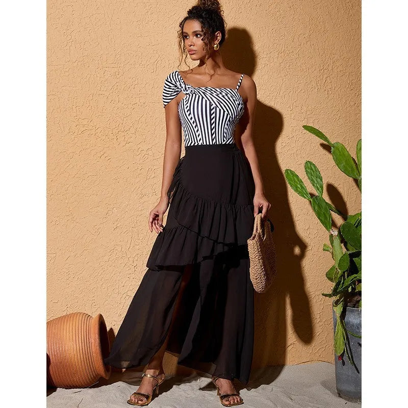 Women's striped ruffled one-piece swimsuit with attached skirt in polyester fabric