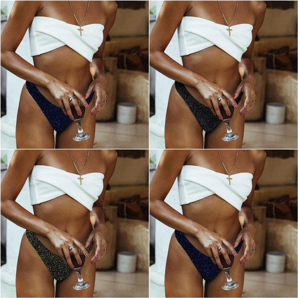 Women's seperated swimwear flash irregular two-piece set in black with briefs and top