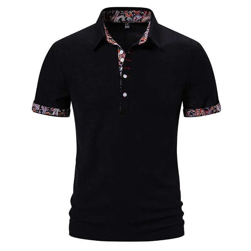 Men's short sleeve polo shirt with a turnover collar and colour stitching detail in a cotton blend fabric.
