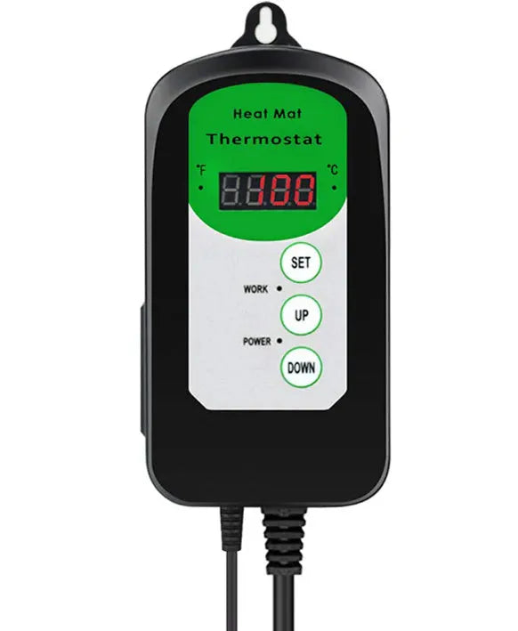 Digital temperature and humidity controller with LCD display showing temperature readings