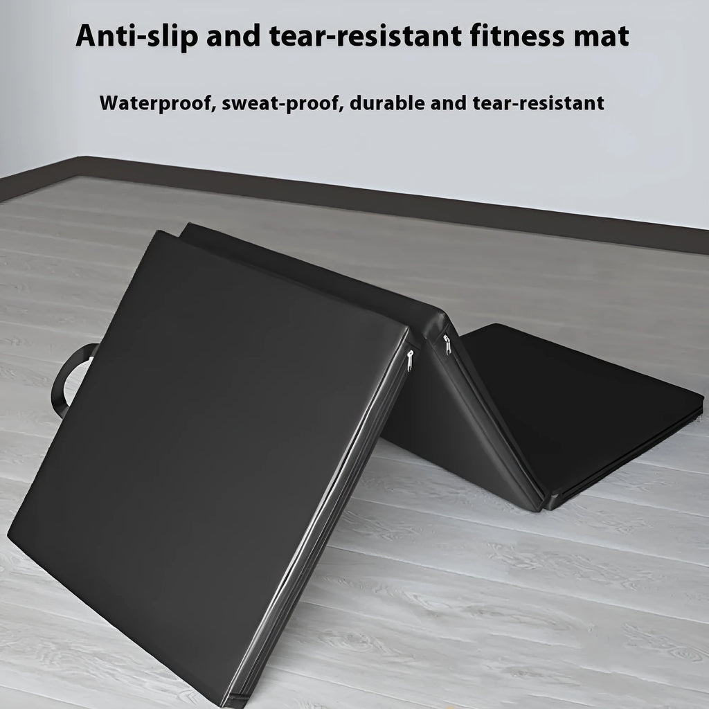 Three fold gymnastic mat in black, 180x60cm, non-slip surface for sit-ups and yoga