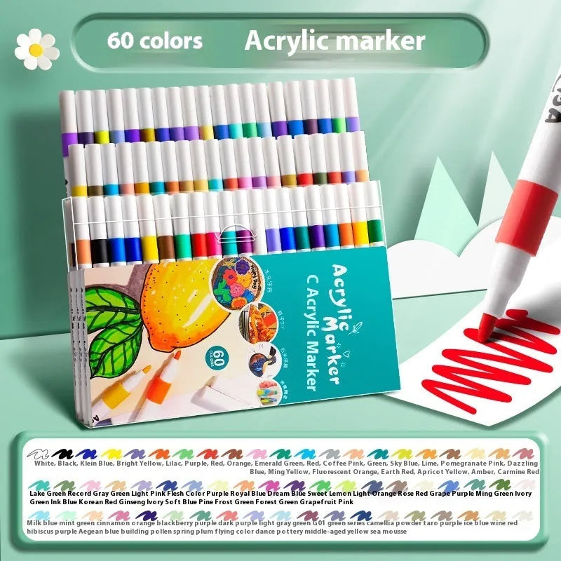 Boxed set of multicolour acrylic marker pens for student painting projects with plastic barrels