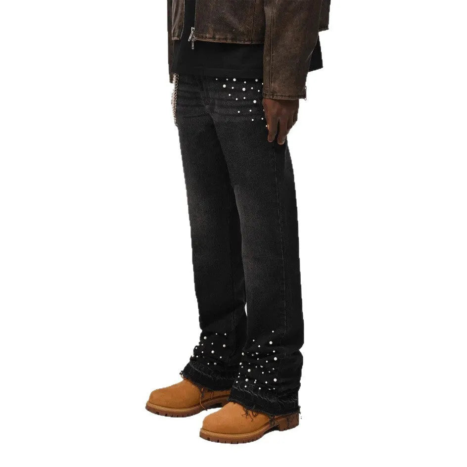Men's straight-leg cotton denim trousers with elastic diamond stitching, zip fly, light blue or black, sizes S-XL