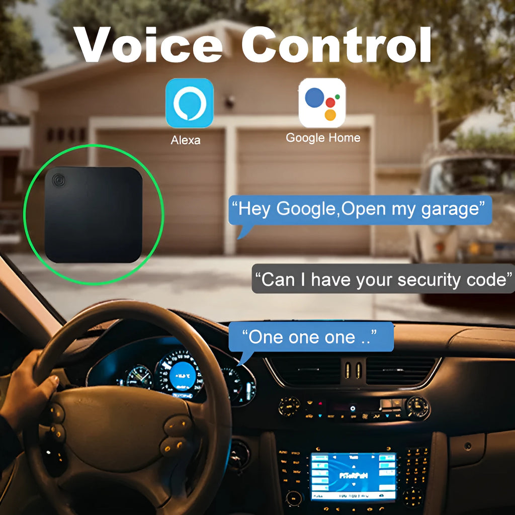 Black plastic WiFi garage door controller for remote and voice control via smartphone app.