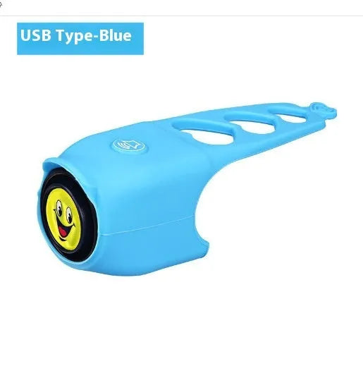 Electronic bicycle horn in six colour options showing plastic construction and handlebar mounting fitting