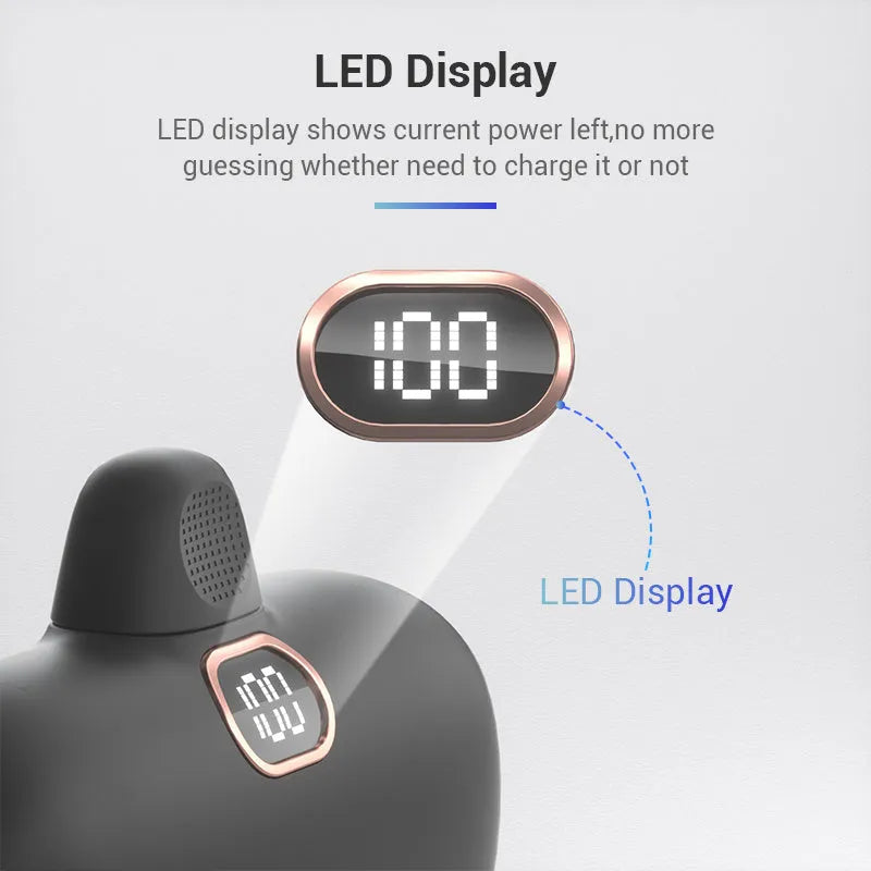Compact cylindrical alloy power bank with built-in charging cable and LCD digital display.