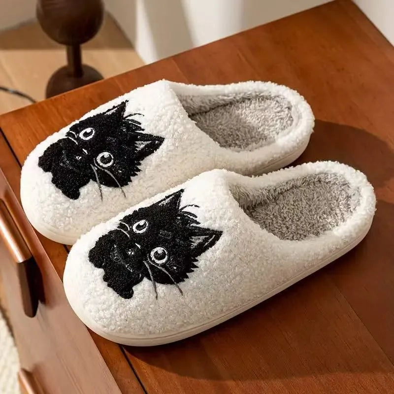 White cartoon cat couple cotton slippers with plush construction and non-slip TPR soles