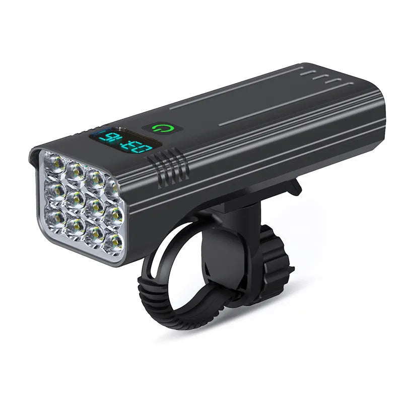 Black KX12DF digital display bicycle headlight with USB port mounted on a 360-degree bracket.