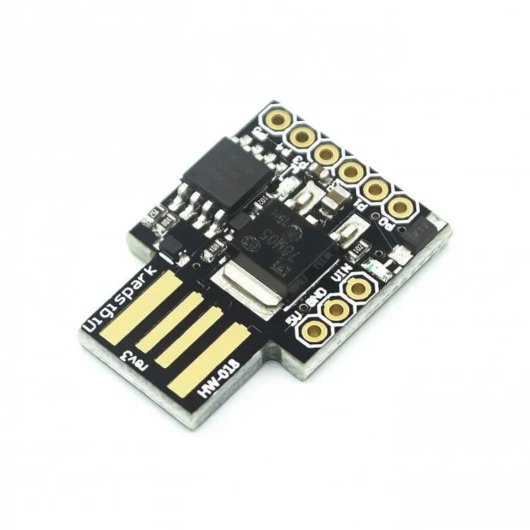 Black Micro USB Development Board with USB port, power LED, and 6 I/O pins on a green PCB