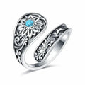 Silver alloy adjustable ring with sunflower flower shape and turquoise accent, Bohemian style for women