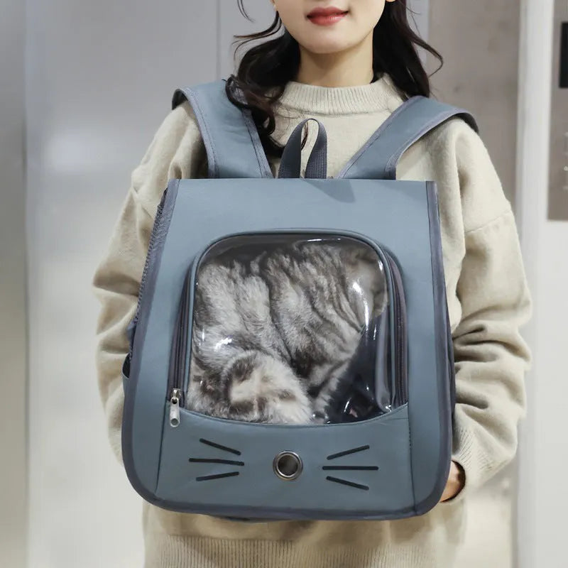 Oxford fabric pet carrier backpack for cats and small dogs, 35x35x25cm, in blue, grey, white, or yellow.