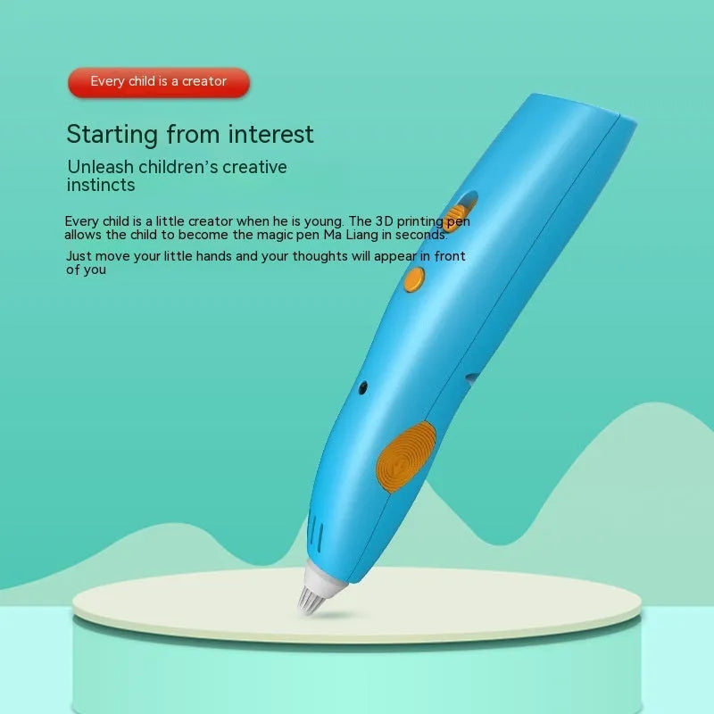 Wireless 3D printing pen for children, plastic body, 142x29x26mm, in blue on white background