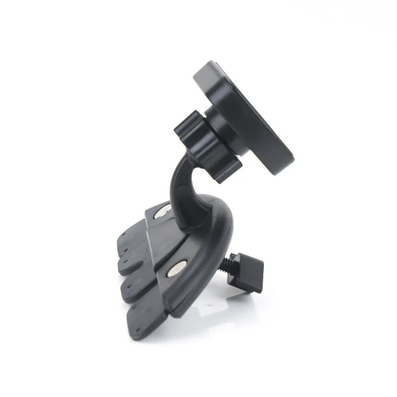 Black universal car phone holder installed in a CD port with adjustable arms for mobile phone or GPS navigation