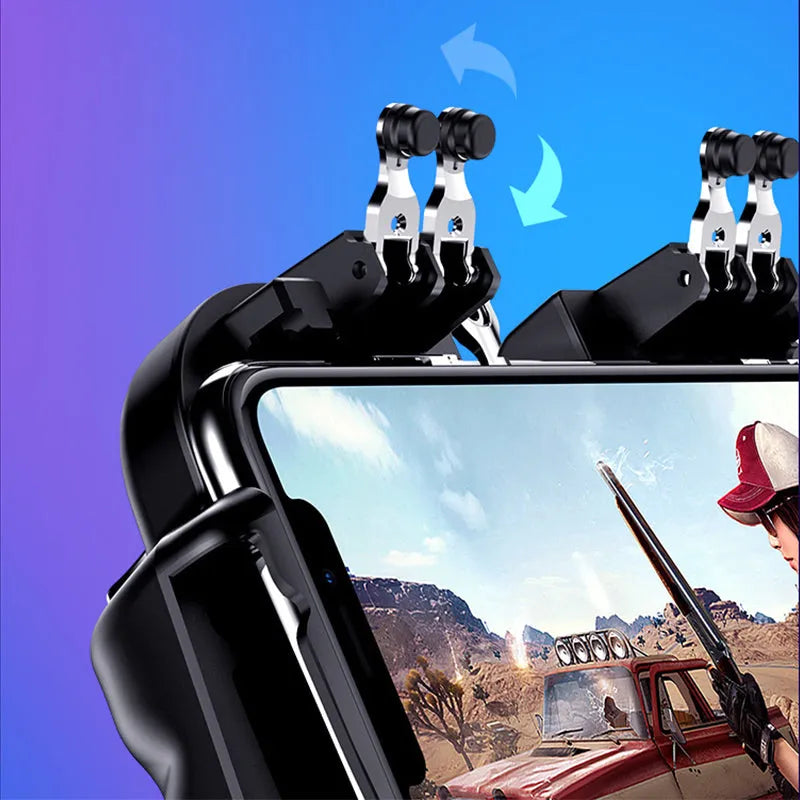 Six-finger gamepad with USB cable and black bracket for smartphone, ABS and zinc alloy build