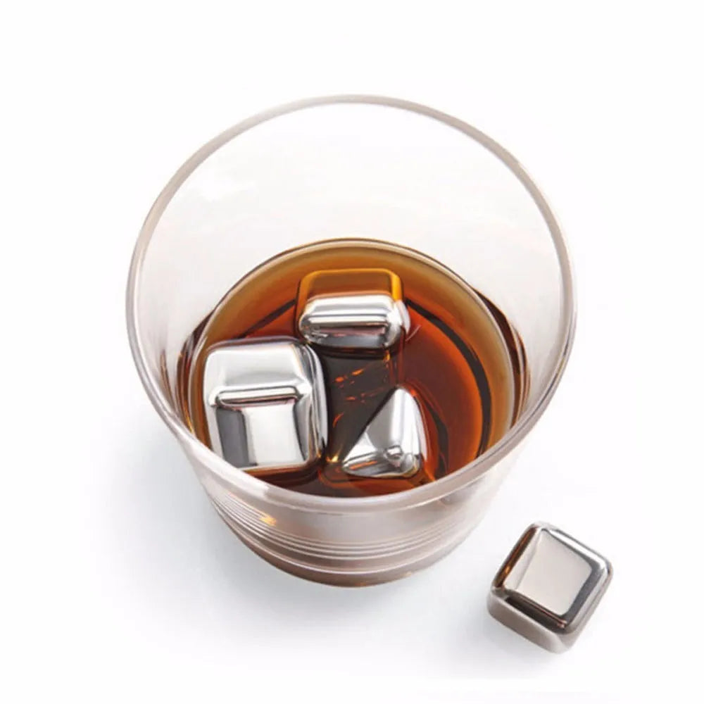 Stainless steel whiskey chilling stones in square, ball, diamond, and heart shapes with handling clip