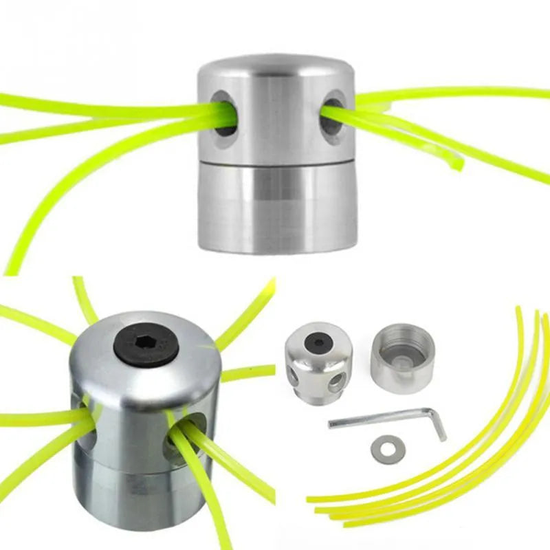 Silver aluminium grass trimmer head for lawn mower with four light yellow cutting lines
