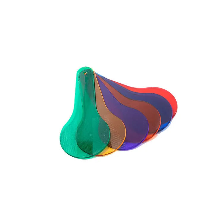Six colourful PVC learning boards for children, showing red, yellow, blue, green, orange, and purple
