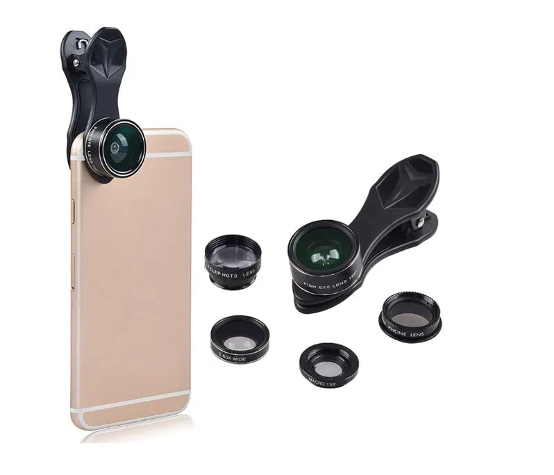 Black universal 5-in-1 smartphone lens kit showing wide-angle, macro, fisheye, telephoto and CPL lenses with clip and storage bag.
