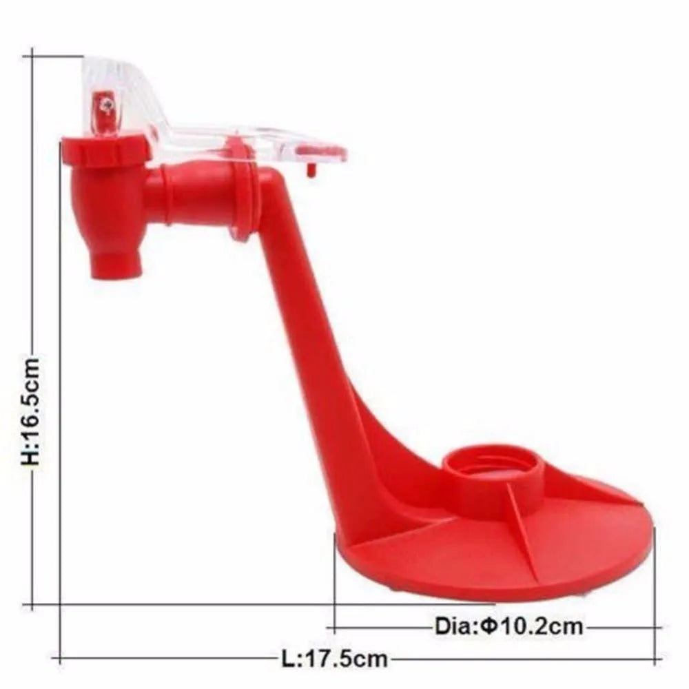 Red plastic Magic Tap soda dispenser attached to 2-liter bottle showing push-in tap mechanism