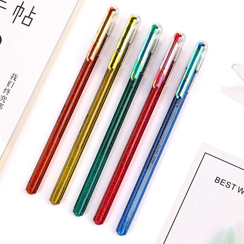 Flash K110 1.0mm gel pen with pearlescent glitter ink in eight colour options on white paper.