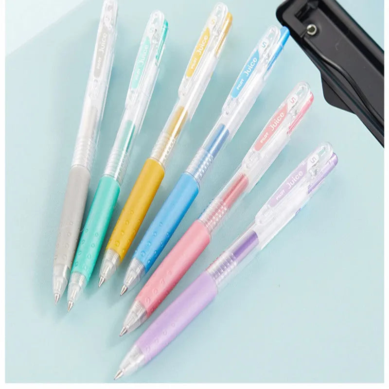 Baiguole brand gel pen with 0.5mm tip shown in metallic gold, classic blue, and soft pastel pink colour options