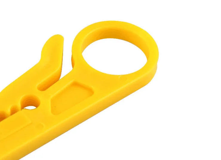 Yellow mini portable wire stripper tool with snap-in metal blade for 0.6mm cables.