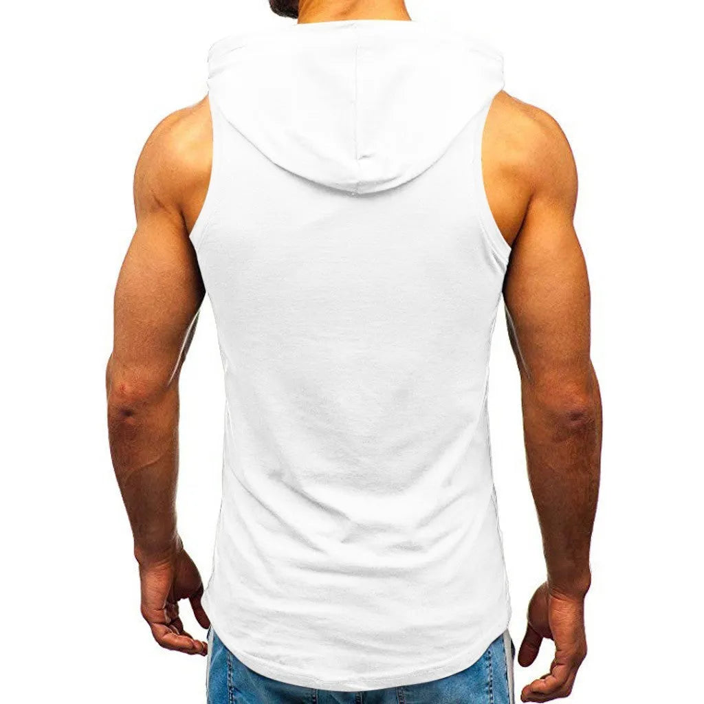Men's sleeveless letter print hoodie vest in white, black or army green, with patch pocket and round hem.