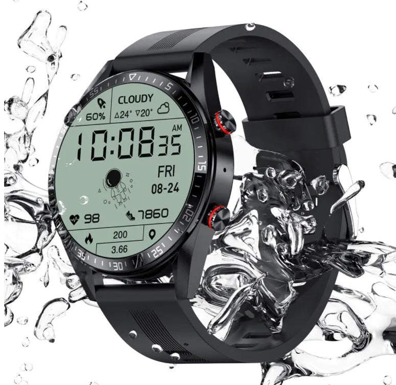 Smart watch with 1.39-inch HD screen, leather strap, heart rate and blood pressure sensors, 30-metre waterproof rating