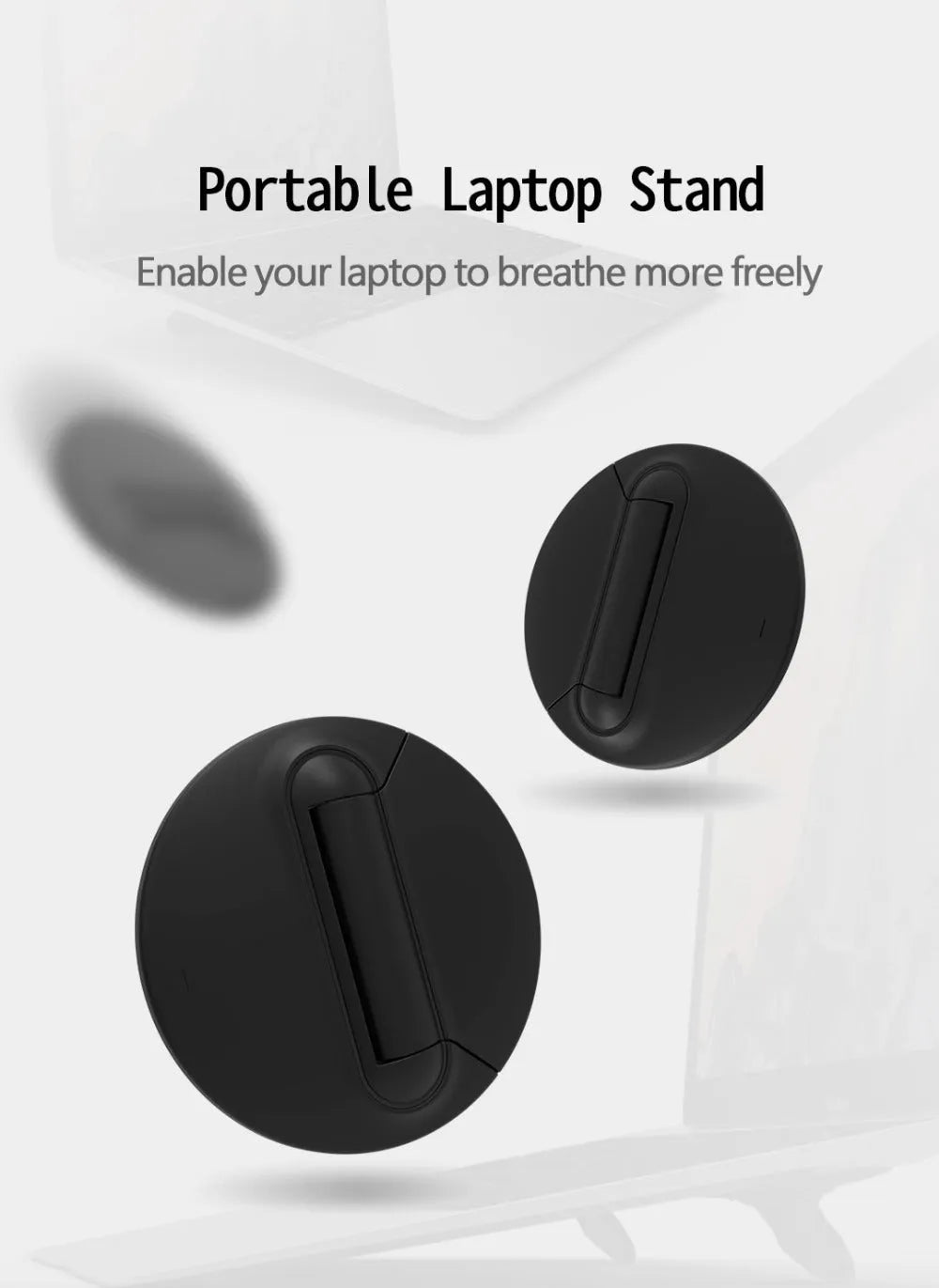 Adjustable mini portable invisible laptop stand in black ABS plastic, 50x50x6.5mm, two-pack