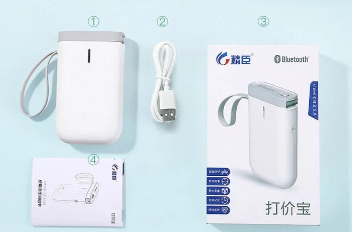 Handheld Bluetooth thermal label printer with label roll inserted, compact 130x75x28mm size