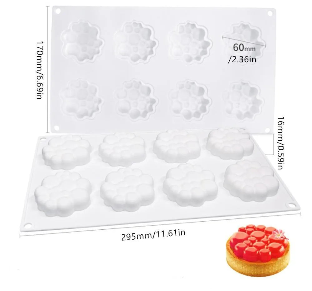 Round silicone cake mould with 8-bubble tower pattern design for baking and dessert preparation