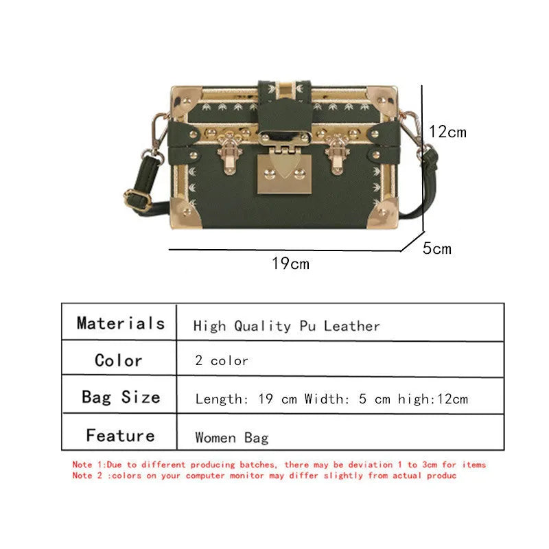Women's black or green hard flap top shoulder bag made of PU leather with rivet details.