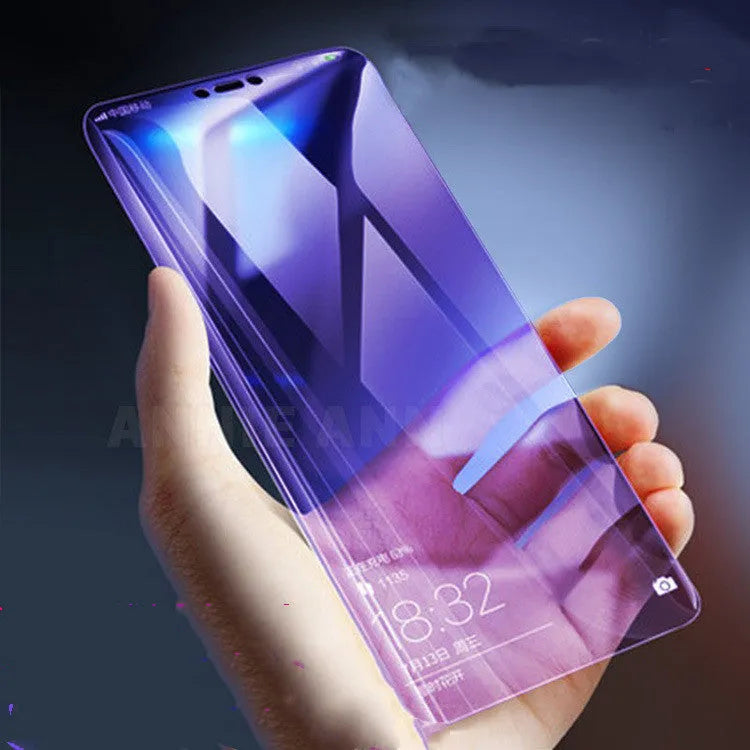 Vivo smartphone with full-screen tempered glass protector showing violet light edge colour.