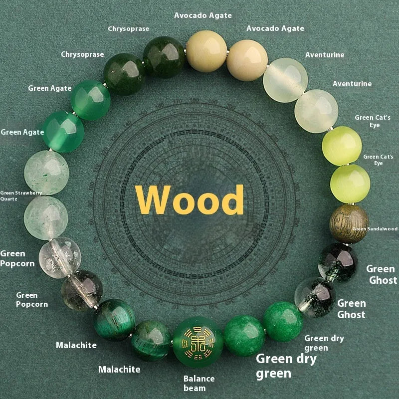 Green agate balance energy bracelet with natural crystal beads in five elemental colours