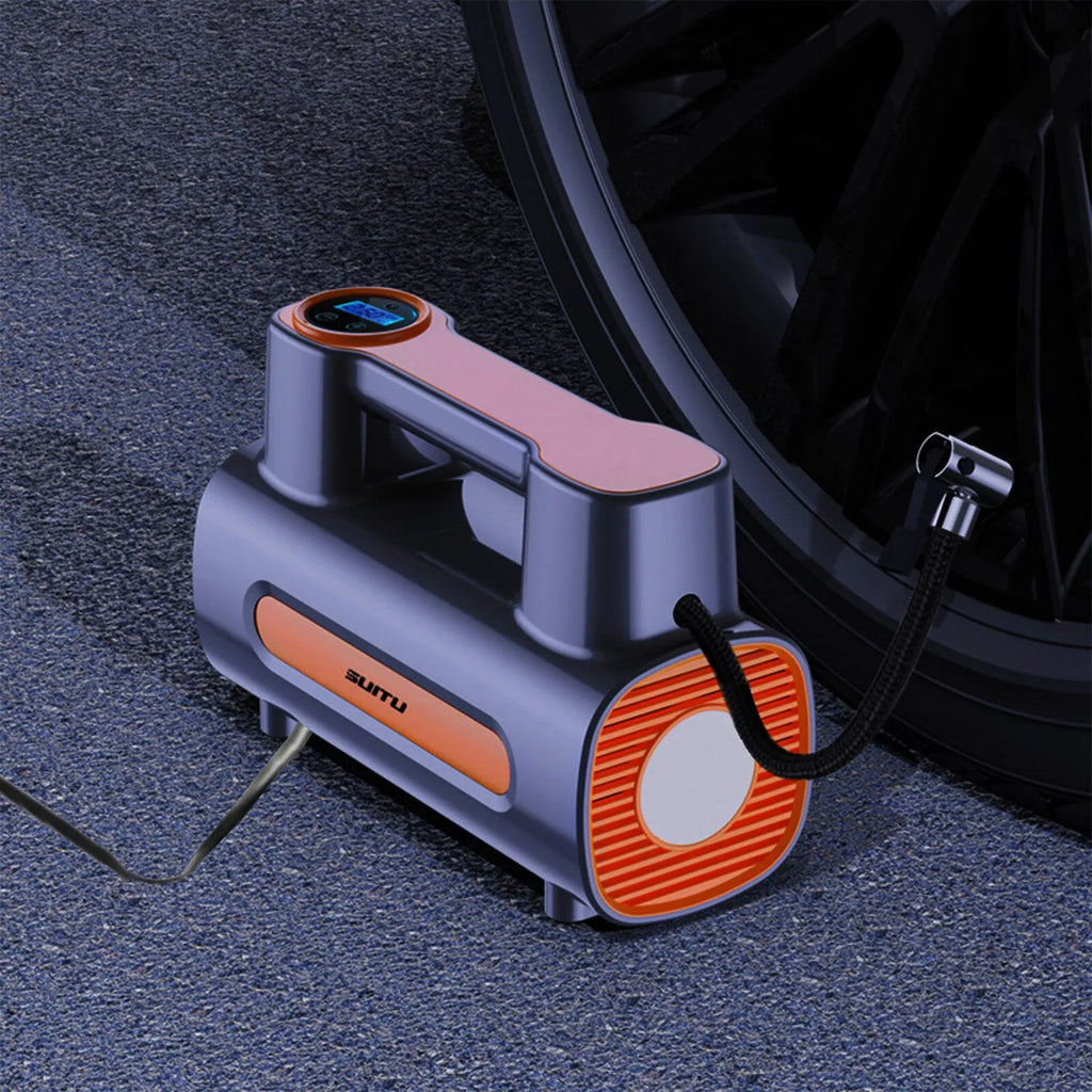 Portable wireless car tyre inflator with digital display showing pressure readings