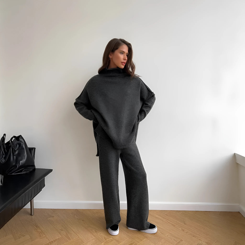 Women’s side-slit sweater suit set in dark grey with trousers and acrylic fabric